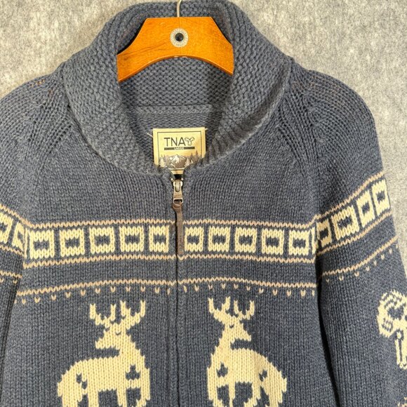 Aritzia TNA Sea to Sky Blue Deer Motif Cowichan Cardigan Sweater Lambswool L - Picture 5 of 10